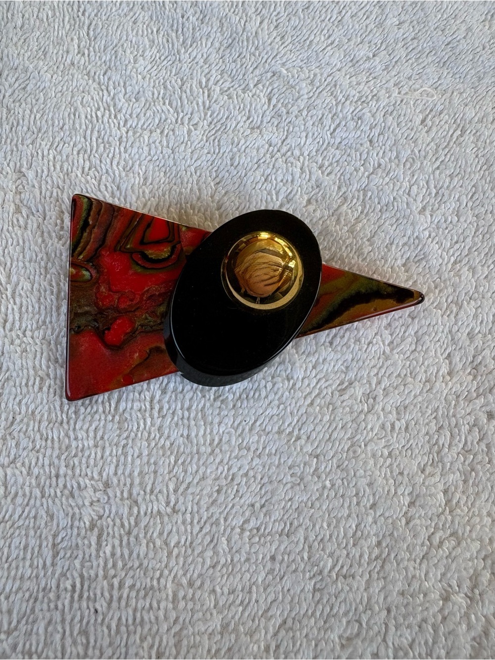 Art Deco MCM Simon Chang Geometric Abstract Acrylic Brooch Red Marble Gold